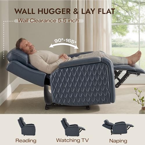 Watson & Whitely Genuine Leather Wall Hugger Power Recliner Chair with Power Headrest, Heating & Cooling, Electric Lay Flat Recliner with Cup Holders & Armrest Storage for Living Room, Navy Blue