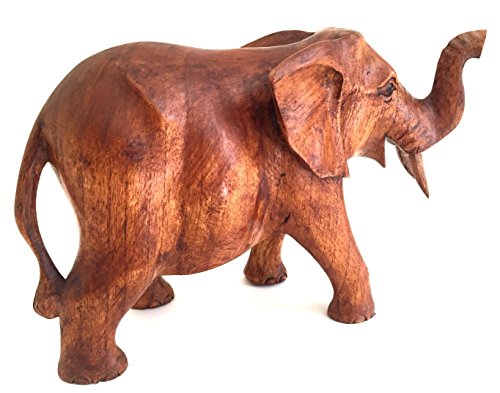 OMA Elephant Statue Solid Wood Hand Carved Lucky Trunk Up Elephant Figurine Home Decor (Medium) OMA