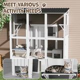 JFHID Catio Outdoor Cat Enclosure with Window Access, Large Window Catio Wood Cat House with 4 Platforms & 3 Doors for Napping & Nature Viewing – All-Weather Pet Cage for Indoor Cats, White JFHID
