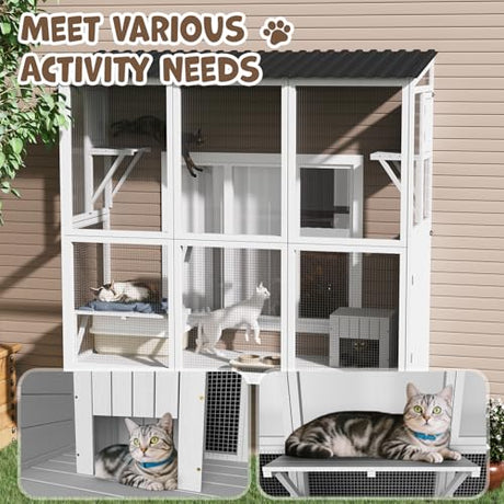 JFHID Catio Outdoor Cat Enclosure with Window Access, Large Window Catio Wood Cat House with 4 Platforms & 3 Doors for Napping & Nature Viewing – All-Weather Pet Cage for Indoor Cats, White JFHID