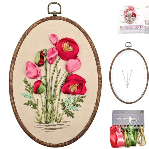 FONNUY Ribbon Embroidery 3D Flowers Pattern Design Kit Embroidery DIY Handwork Set Oval Home Decoration (Red Rose)