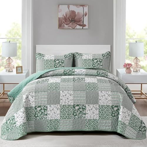 Mybedsoul Green Quilt Set Full Size, 3 Pieces Plaid Floral Bedspread Set Patchwork Reversible Bedding Set Microfiber Lightweight Bedspread Coverlet Set for All Season 78"x90" Mybedsoul