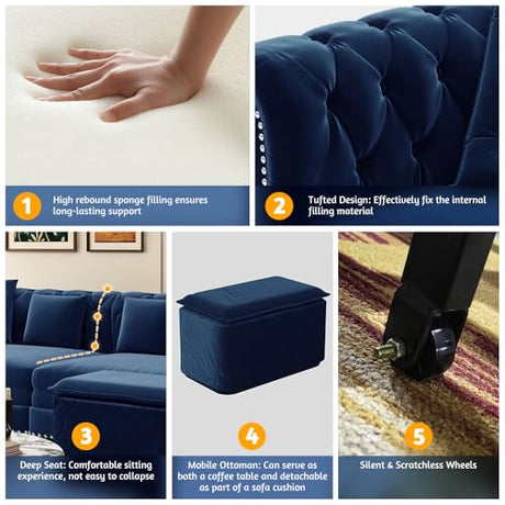 Tabaray 89'' Pull Out Sofa Bed King, Chesterfield Velvet Sleeper Sofa, Convertible L-Shaped Futon Couch, Tufted Back, 4 Pillows, Ottoman, Deep Seat Loveseat Couches for Living Room, Apartment, Blue Tabaray
