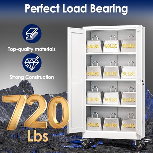 erosoei 61" H Metal Garage Storage Cabinet, Rolling Tool Cabinet with 2 Doors and Wheels, Locker Steel Cabinet with 3 Adjustable Shelves, Organization Cabinet for Garage,Office,Home,Gym,School（White） erosoei