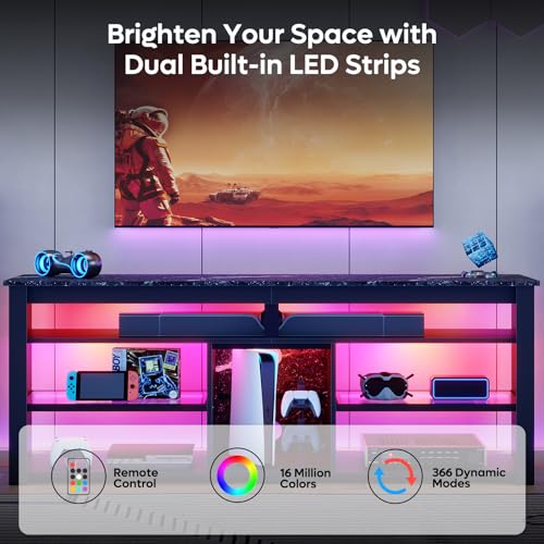 Bestier TV Stand for 65/70 inch TV, Tall Entertainment Center with 2 Led Lights, Gaming TV Console with Storage for PS5, Modern TV Cabinet for Bedroom, Living Room, Black Marble Bestier