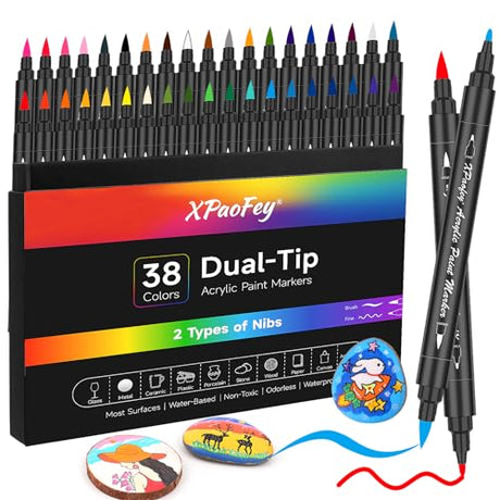 XPaoFey 38 Colors Acrylic Paint Pens, Dual Tip Acrylic Paint Markers with Fine Tip and Brush Tip, Acrylic Paint Pens for Rock Painting, Ceramic, Glass, Plastic, Wood, Calligraphy, Canvas, DIY Crafts XPaoFey