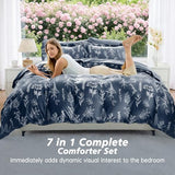 MUXHOMO Navy Blue Bed in a Bag Queen 7 Pieces, Queen Comforter Set Reversible Botanical Flowers Design, Ultra Soft & Breathable Bedding Sets with Comforter, Sheets, Pillowcases & Shams MUXHOMO