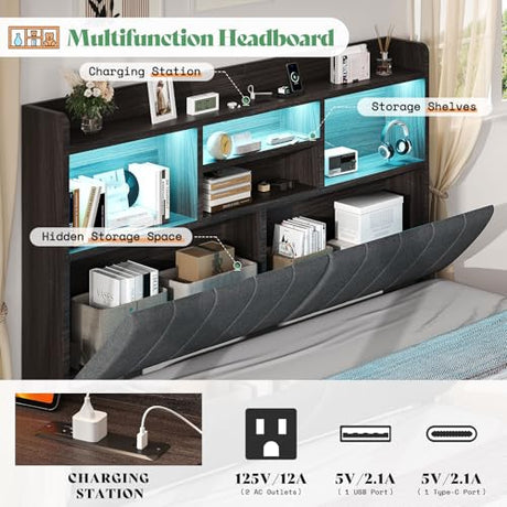 AMERLIFE King Size Bed Frame with 51.2" Tall Bookcase Headboard, Farmhouse Platform Bed with 4 Storage Drawers, Linen Upholstered, Charging Station & Storage, Rustic Black AMERLIFE