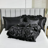 Black Satin Comforter Set,Queen Bed Set,Silk Like Satin Queen Comforter Set with Sheets,Silky Satin Bedding Set,Queen Bed in a Bag 8-Piece,Soft Smooth Sheets,Ruffled Luxury Bedding Set Bedbay