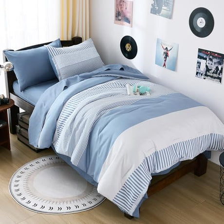 Blue Comforter Set Twin Size,Classic Striped Comforters for Boys&Girls,5 Pieces Bed in A Bag Simple Neutral-Style Bedding Sets for Kids Teen Cottolester