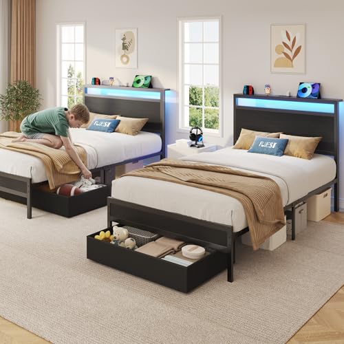 Fluest Twin Bed Frame,Twin Bed Frame with Storage Headboard & Storage Drawer, Charging Station & LED Light, No Box Spring Needed, Noise Free, Easy Assembly, Classic Black Fluest