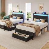 Fluest Twin Bed Frame,Twin Bed Frame with Storage Headboard & Storage Drawer, Charging Station & LED Light, No Box Spring Needed, Noise Free, Easy Assembly, Classic Black Fluest