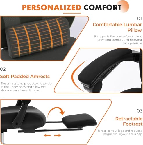 Sweetcrispy Office Computer Desk Chair, Ergonomic High-Back Mesh Rolling Work Swivel Chairs with Wheels, Comfortable Lumbar Support, Comfy Arms for Home, Bedroom, Study, Student, Black Sweetcrispy