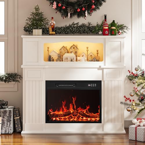 BOSSIN 43" Electric Fireplace with Mantel, 14-Color LED Light Strip, 23 inch Insert, Freestanding TV Stand with Heater, Wooden Surround, Faux Log & LED Flames, Remote Control, 750W/1500W, White BOSSIN