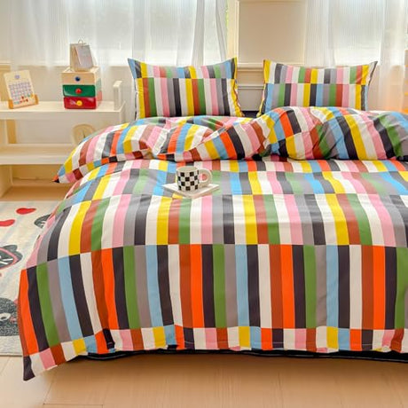 LIWHENHAO Multicolored Duvet Cover Set Twin 100% Cotton Bedding Rainbow Checkered Colorful Blue Red Black Graffiti 1 Modern Abstract Geometric Comforter Cover 2 Pillowcases for Kids Girls Boys LIWHENHAO