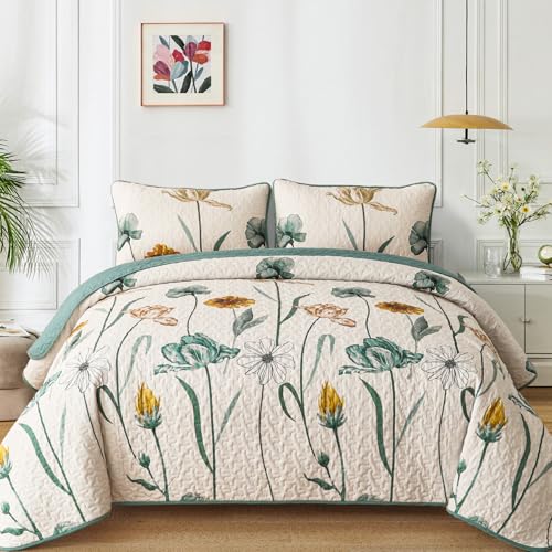 WONGS BEDDING Floral Quilt Set Queen,Green Yellow Floral Botanical Bedspread Bedding Set with 2 Pillowcase,Lightweight Summer Farmhouse Coverlet Set for All Season (96"x90") WONGS BEDDING