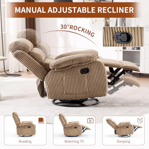 Velvet Upholstered Glider Recliner Chair – 360° Swivel Rocker Chair for Adults, Small Rocking Chair for Small Spaces, Soft Fabric Recliner Chair with Side Pockets, Comfortable Nursery Chair,Brwon