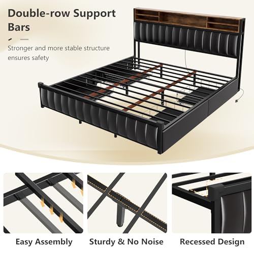 King Size Bed Frame with 4 Storage Drawers and Bookcase Headboard, LED Upholstered Platform Bed King Size with USB-C & USB Charging Station, Double-row Support Bar, No Box Spring Needed, Black