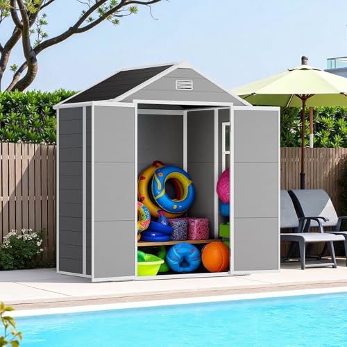 NicBex 6×5 Resin Outdoor Storage Shed with Floor & Window– All-Weather Lockable Small Tool Shed, Outdoor PP Plastic Garden Sheds & Outdoor Storage for Garden, Patio & Backyard – Light Gray NicBex