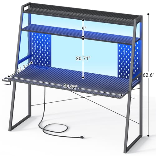 Besiost Gaming Desk with Hutch and LED Lights, Gaming Computer Desk with Power Outlets, Gamer Desk with Storage Shelves, PC Game Desks with Pegboards, for Bedroom, Carbon Fiber Black, 49" Besiost