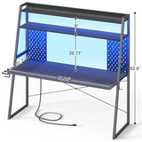 Besiost Gaming Desk with Hutch and LED Lights, Gaming Computer Desk with Power Outlets, Gamer Desk with Storage Shelves, PC Game Desks with Pegboards, for Bedroom, Carbon Fiber Black, 49" Besiost
