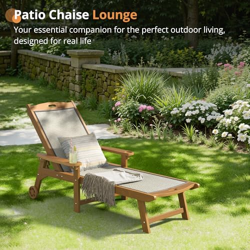 LUE BONA Chaise Lounge Chair Outdoor, HDPS and HDPE Wicker Material, Patio Lounge Chair with Adjustable Backrest, Resin Pool Lounge Chairs with Wheels for Backyard, Poolside and Deck,Teak