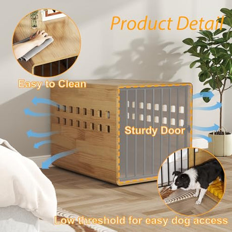 Timechee Wooden Furniture Dog Crate for Medium & Small, Solid Wood Puppy Crates for Small Indoor, Decorative Dog Kennel Indoor with Door, Pet House End Table for Bedroom, Living Room, Natural Timechee