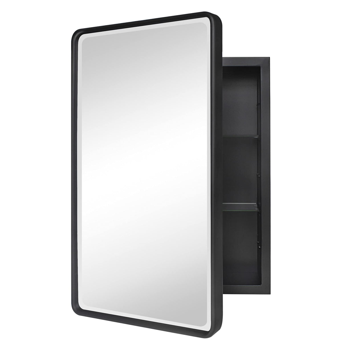 TEHOME Farmhouse Black Metal Framed Recessed Bathroom Medicine Cabinet with Beveled Mirror Rounded Rectangle Bathroom Medicine Cabinet 16x24 inch TEHOME