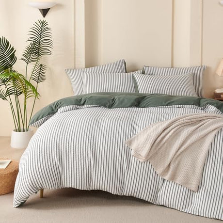 TISPLR King Duvet Cover Set Striped Washed Microfiber Jacquard 3 Pieces Bedding Set, Green White Vertical Ticking Stripes Pattern Comforter Cover with Zipper Closure Breathable Durable Soft Comfy TISPLR