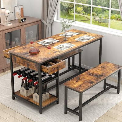Dining Table Set for 4-6 People, 54.7" Kitchen Dinner Table with 2 Bench, Dining Room Tables Set with Storage Drawer & Shelf, 3-Piece Breakfast Nook Tables with Wine Rack &Glass Holder (Rustic)