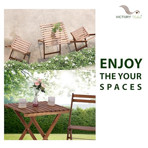VICTORY RELAX Bistro Table and Chairs Set of 3, Folding Acacia Wood Patio Bistro Set with Square Table, Suitable for Balcony, Garden, Poolside, Yard, Camping VICTORY RELAX
