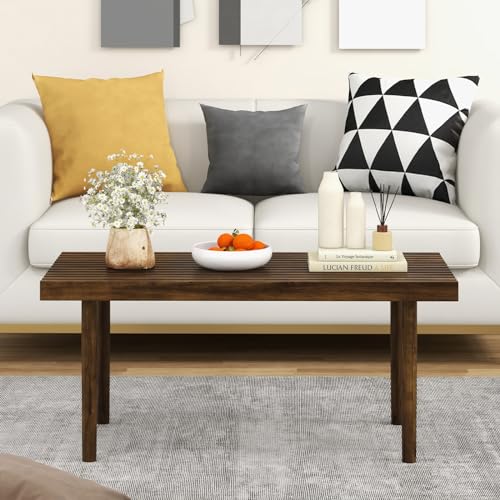 Tangkula Wood Coffee Table, Farmhouse Acacia Wood Cocktail Table with Slatted Tabletop for Living Room, Rectangle Center Tea Table for Small Spaces, Easy Assembly, 39 x 18 Inch (Rustic, Brown) Tangkula