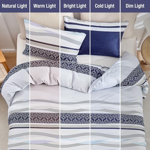 Lekesky Duvet Cover Full, 3 Pieces Blue Striped Duvet Cover Set Soft Bedding Aztec Comforter Cover Full Size with Hidden Zipper Corner Ties Lekesky