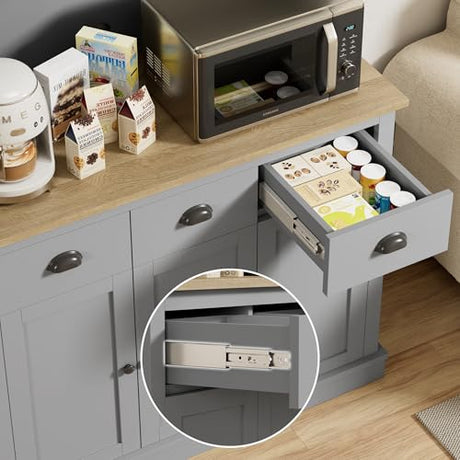 Buytime 71" Kitchen Hutch with Charging Station, Tall Pantry Storage Cabinet with Microwave Stand, Adjustable Shelves, Slide Drawers, Large Buffet Pantry Cabinet for Kitchen, Dining Room, Grey Buytime