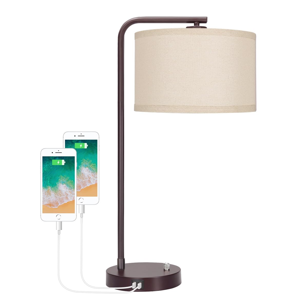 Side Table Lamp with Dual USB Ports, Dimmable Bedside Lamp Modern Nightstand Lamp Desk Reading Lamp with Linen Lampshade for Bedroom, Living Room, Study Room, Office, 9W 3000K LED Bulb Included Seaside village
