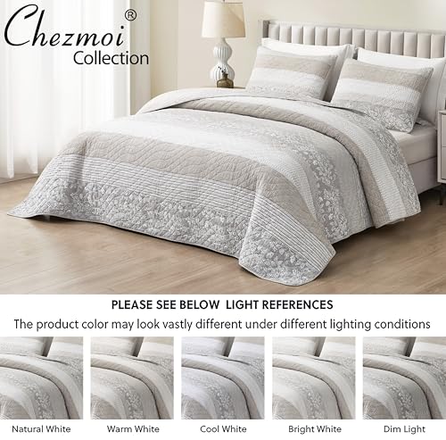 Chezmoi Collection Robyn 3-Piece Neutral Taupe Gray White Floral Hibiscus Flower Patchwork Striped Quilt Set - Pre-Washed Cotton Coverlet - Lightweight Reversible Bedspread, Queen Size Chezmoi Collection