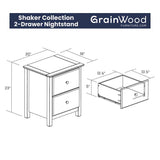 Grain Wood Furniture Shaker 2-Drawer Bedside Nightstand, Solid Wood with Walnut Finish Grain Wood Furniture