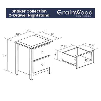 Grain Wood Furniture Shaker 2-Drawer Bedside Nightstand, Solid Wood with Walnut Finish