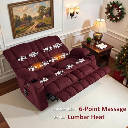 MCombo 57" Power Loveseat Recliner, Electric Reclining Loveseat Sofa with Heat and Vibration, Cupholders, USB Charge Ports for Living Room 6314 (Burgundy, Loveseat)