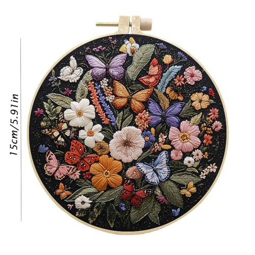 SCECALA 4 Pack Butterfly Floral Embroidery Kit - Flower Butterfly Hand Embroidery Kit for Beginners with Pattern, Complete Cross Stitch Supplies DIY Craft for Adults Sewing Hobby, 1pc Hoops