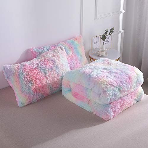 Wajade Faux Fur Plush Rainbow Comforter Set Fluffy Fuzzy Shaggy Bedding Set - 3PC Full Size Microfiber Soft Warm Quilt Set Wajade