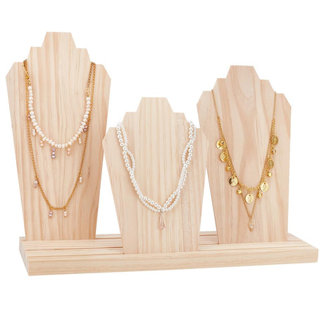 PH PandaHall Wood Necklace Display Stands with 3-Row Holder and 3 Removable Displays Wood Plank Necklace Storage Holder Bust Easel Jewelry Display for Necklaces, Rings Storage, Blanched Almond PH PandaHall