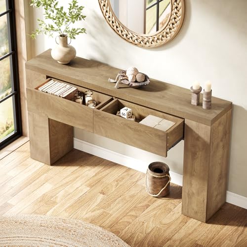 Tribesigns 63-Inch Wooden Console Table with 2 Hidden Drawers, Farmhouse Rustic Brown Sofa Table for Living Room, Hallway, Entrance, Foyer, Easy Assembly (Brown) Tribesigns