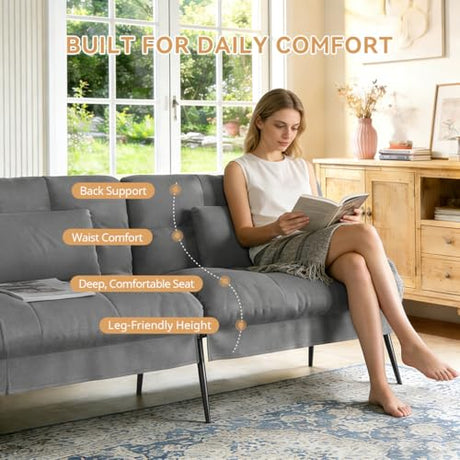 COMHOMA 72″Futon Sofa Bed,Modern Convertible Sleeper Sofa, Fabric Futon Couch with Multi-Position Backrest for Living Room Furniture (Gray) COMHOMA
