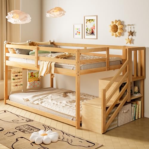 TOLEAD Low Bunk Bed Twin Over Twin, Floor Bunk Beds with Storage Staircase and Guardrails, Wooden Low Bunk Bed with Hanging Bar for Juniors, Boys, Girls, Kids, Natural Wood TOLEAD