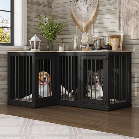 Lovinouse Corner Dog Crate Furniture for 2 Dogs, Indoor Wooden Furniture Style Heavy Duty Large Dog Kennel House with Double Rooms & Divider for Large & Medium Dogs, Black Lovinouse