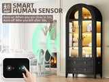 Vlsrka 71" Arched Curio Cabinet with Glass Doors, 4-Shelves Display Cabinet and 2 Drawers, Display Case with 3 Color Lights, Tall Bookcase, Kitchen Pantry, Black+Wood Vlsrka