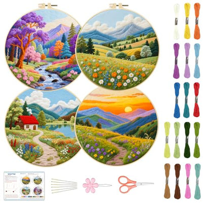BEUNITONE 4 Pack Beginner Embroidery Kit for Adults, Fairy Tale Nature Landscape Pre-Stamped Pattern Needlepoint Kits with Hoop, Tools & Instruction, Hand Embroidery Kits for Fabric and Home Decor