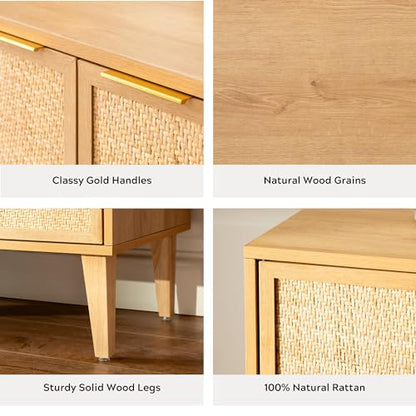 EYYTHUNG Accent Storage Cabinet Set of 2 Sideboard with Rattan Doors, Boho Buffet Kitchen Bar Cabinet Farmhouse Credenza Cabinet with Adjustable Shelves for Living Room (Natural Oak) - WoodArtSupply