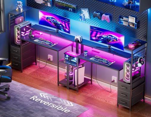 Korfile 48 Inch Gaming Desk with LED Lights & Power Outlets,Computer Desk with Fabric Drawers & Side Hook,Reversible Gamer Table with Monitor Stand for Game Room,Home Office,Carbon Fiber Black Korfile